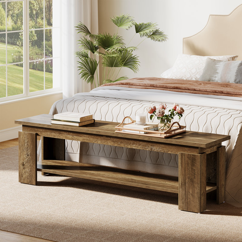 63" Long Bedroom Bench With Storage Shelf, Farmhouse End Of Bed Bench For King/queen Bed, Rustic Brown