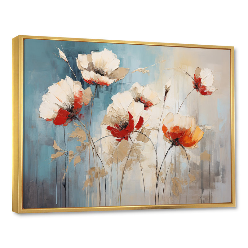 «Beige Poppy Meadow Melody I» sur toile, H 12 po x l 20 po x P 1 po, Cadre flottant doré