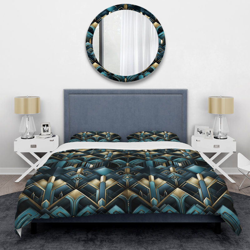 Ensemble de housse de couette damassé géométrique bleu sarcelle et or Art Deco Glamour