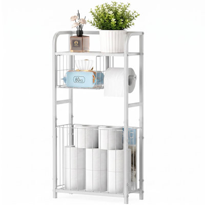 Freestanding Toilet Paper Holder Stand with Storage forSmall Bathroom Space, Holds 9 Spare Rolls, Phone, Wipes & Magazines, Large Capacity Toilet Paper Stand, Toilet Roll Dispenser and Organizer, (White)