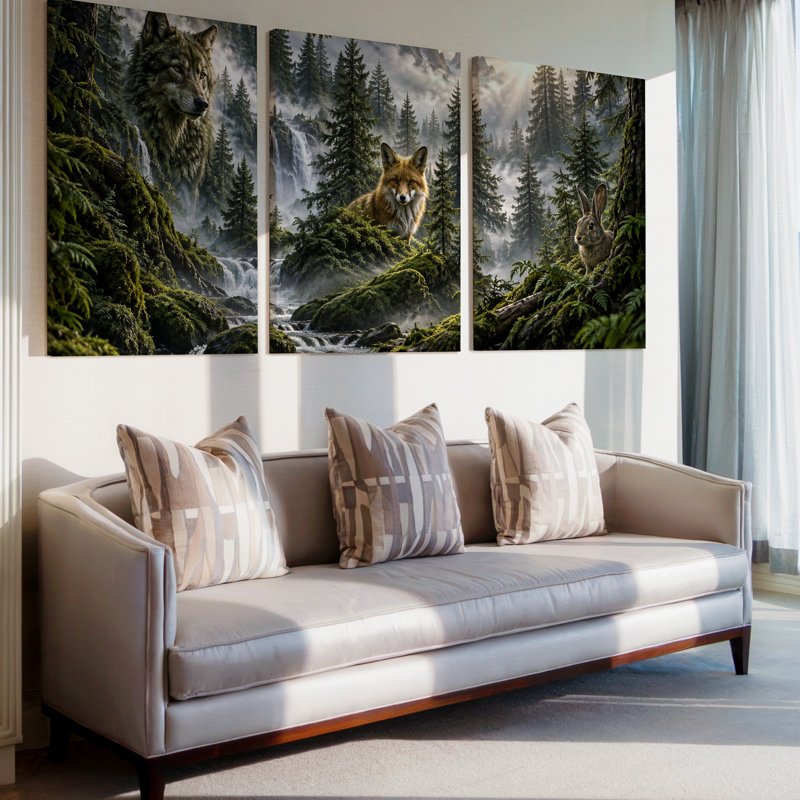 3 pièces, grand loup, forêt, renard et lapin, grand art mural, toile panoramique, décor de toile pour salon, chambre à coucher et bureau