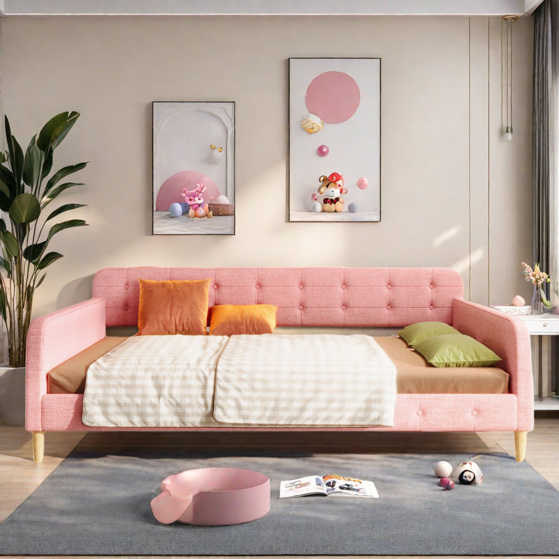 Lit de jour rembourré avec 4 pieds de soutien, Rose