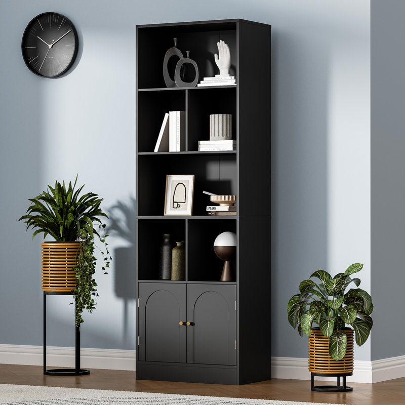 Bibliothèque de 71 po de hauteur avec 6 cubes et 2 portes, bibliothèque à 4 niveaux, bibliothèque ouverte avec armoire, rangement à cubes moderne pour le salon et le bureau, noir