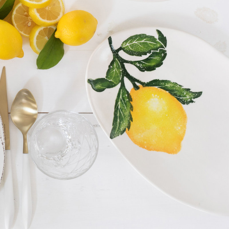 Yellow Ceramic Oval Platter with Lemon Design