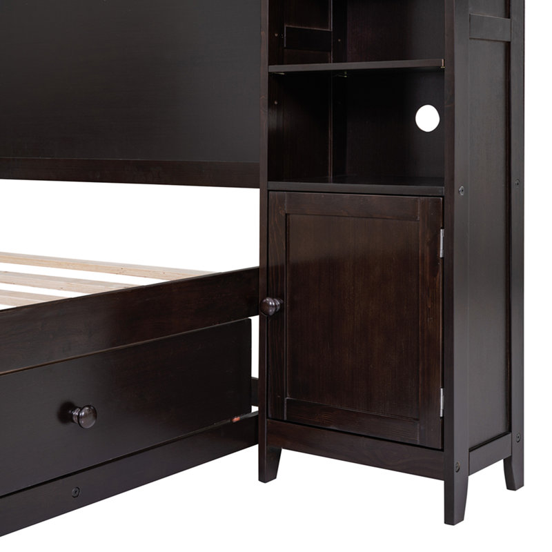 Lit double en bois avec armoire et tablette tout-en-un, espresso, Lit double, Espresso