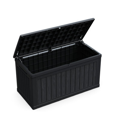 230 Gallon Black Xxl Deck Storage Box, Lockable Waterproof Resin, Good For Storing Pool Supplies And Outdoor Cushions, Double - Wall Structure Sturdiness, Multipurpose As Extra Table Or Bench, 32 In