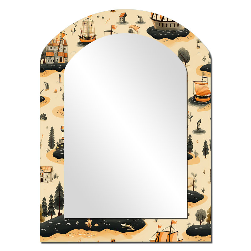 Pirate Treasure Hunt - Abstract Arch Decorative Mirror, Green Asymmetrical Wall Mirror, Printed Metal Art, 34" x 25"