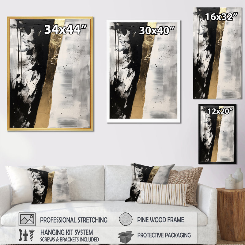 «Geometric Essence Minimal Abstract Gold», peinture abstraite sur toile, Cadre simple noir, H 44 po x l 34 po x P 1,5 po