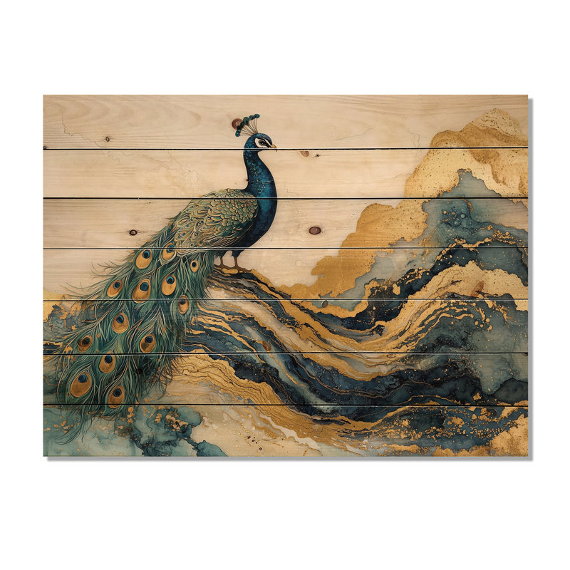 Paysage de paon doré émeraude et agate dorée, H 10 po x l 20 po x P 0,78 po