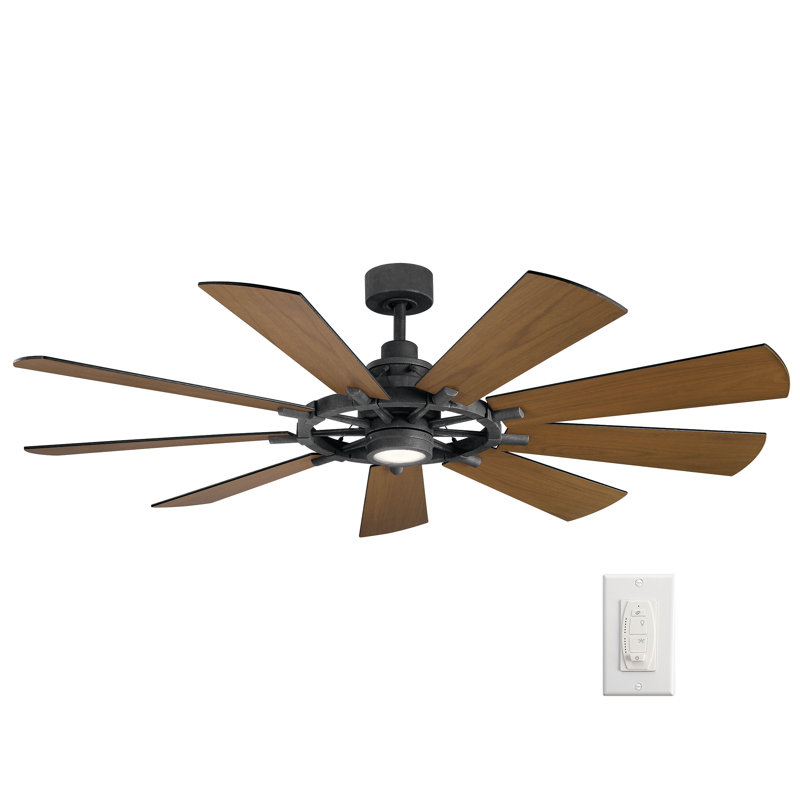 Kichler Gentry 65" 9 - Blade LED Windmill Ceiling Fan with Wall Control and Light Kit Included, Distressed Black