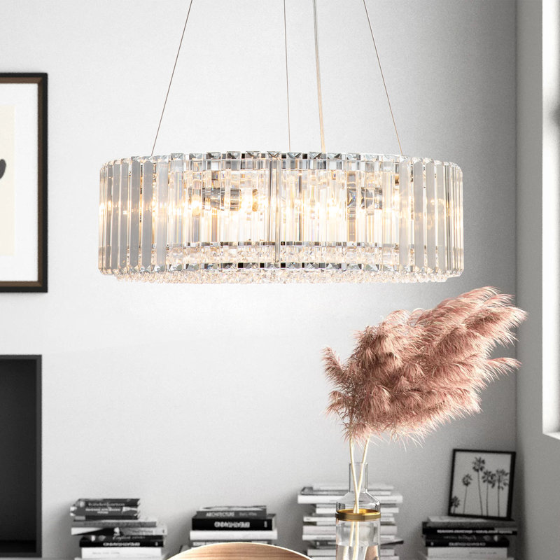6- Light Modern Mid-Century Luxury Round Crystal Chandelier Chrome Drum Crystal Pendant Living Room, 6, Chrome
