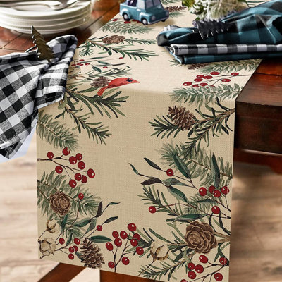 Winter Pine Needle Branches Table Runner, Pine Cone Cardinal Red Birds Berry Farmhouse Kitchen Dining Table Decor, Christmas Holiday Home Decoration Indoor Outdoor Party Supply 13 X 72 Inches
