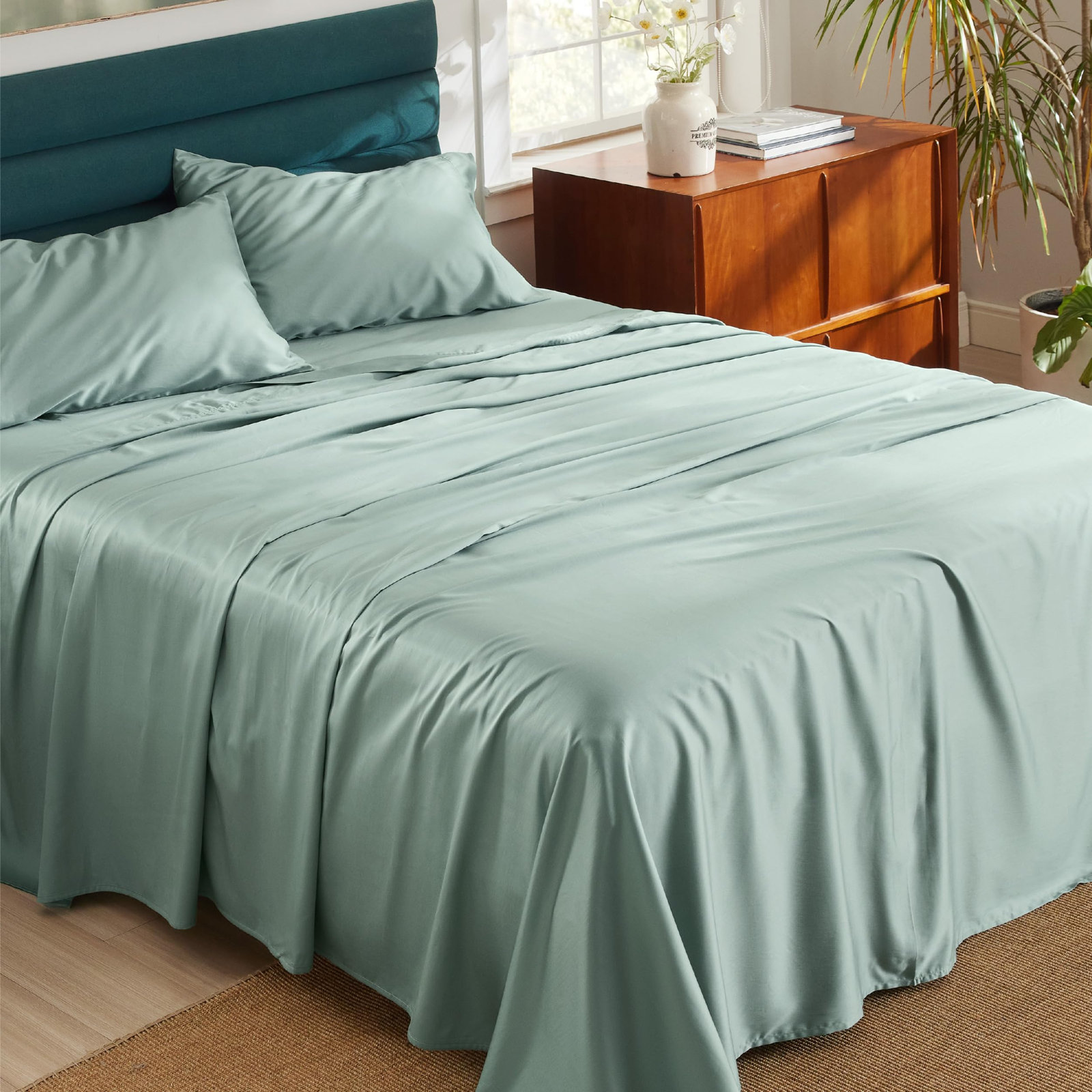 Lyocell Cotton Sheet Set, Green, King Sheet Set with 1Fitted Sheet and 2Pillowcases