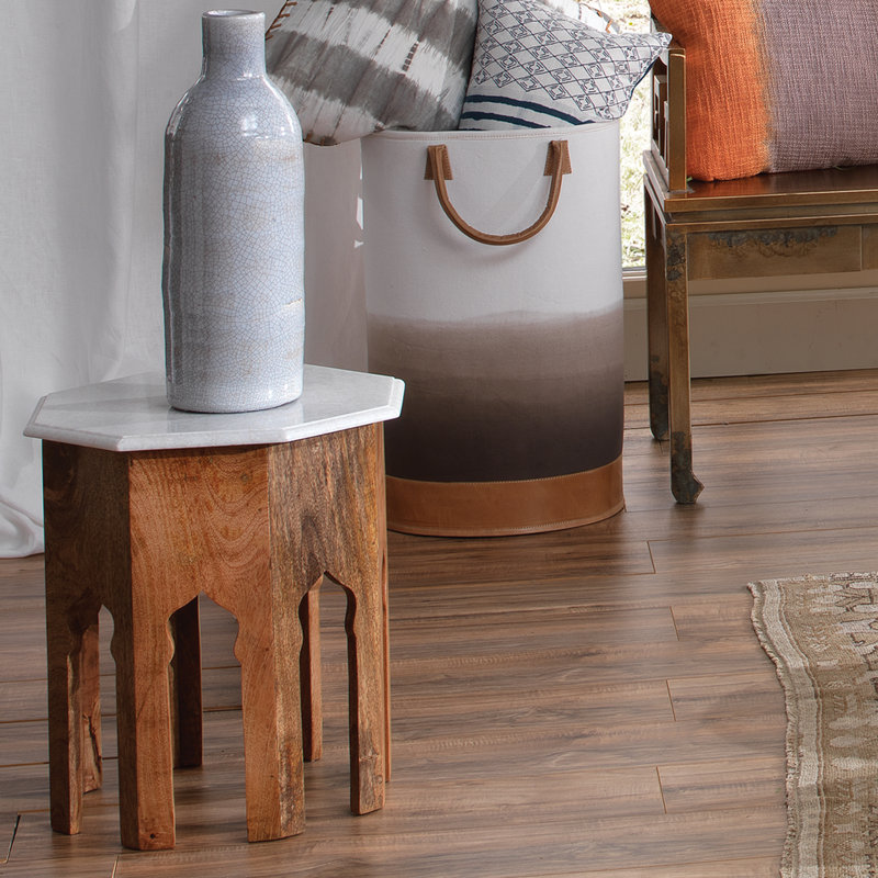 Moroccan Inspired White Marble and Wood End Table