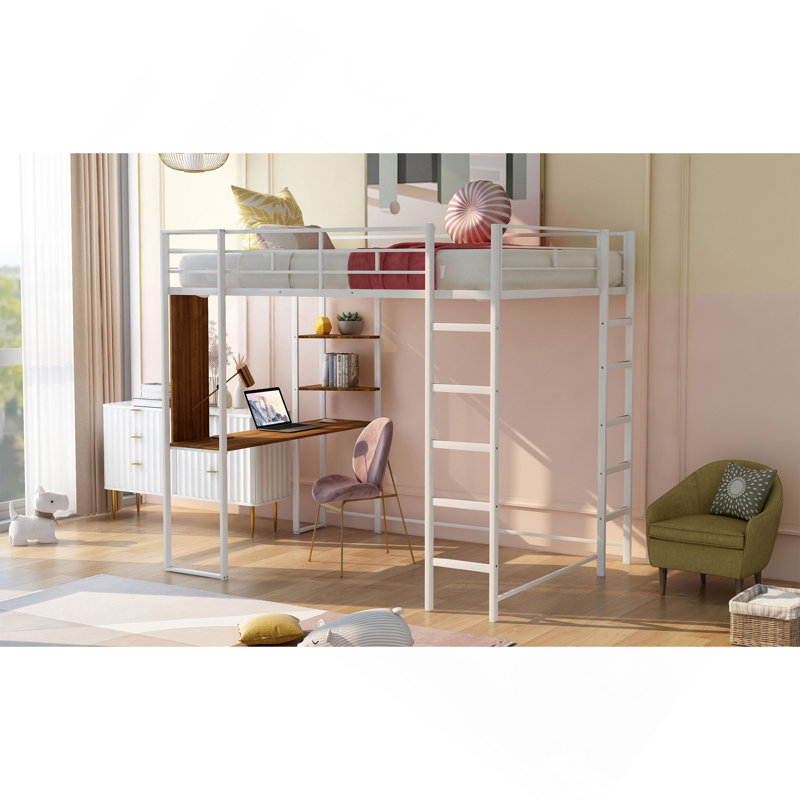Lit mezzanine double en métal avec 2 tablettes et 1 bureau, blanc, Blanc