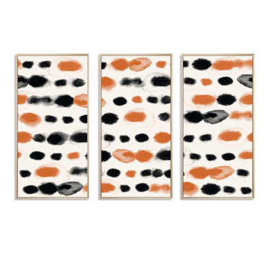 «Black and Orange Polka Dots», peinture sur toile flottante 3 pièces