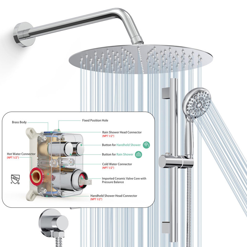10 Inch Rainfall Shower Head With Handheld Combo Set With Slide Bar, Chrome