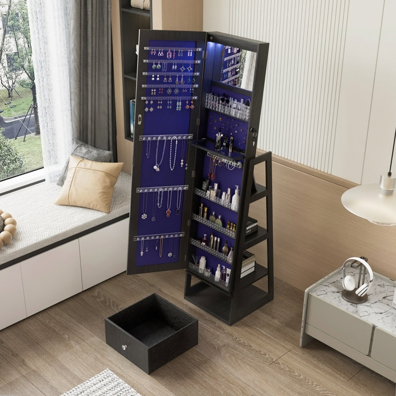 Full Length Mirror With Lockable Storage Cabinet, Interior Lighted Design And Storage Drawers