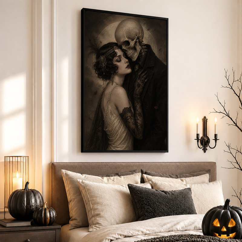 Flapper, femme embrassant un homme squelette sous la lune, art mural sur toile, 36"H x 24"W