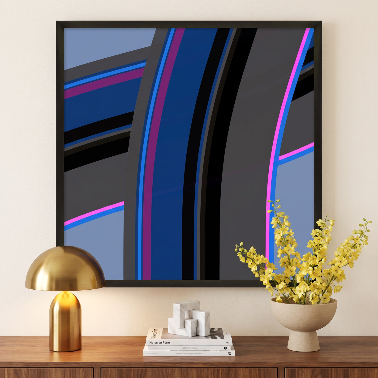 Zackary "Neon Twist" Print by Jacques Pilon, 36" H x 36" W x 1.25" D, Black Wood