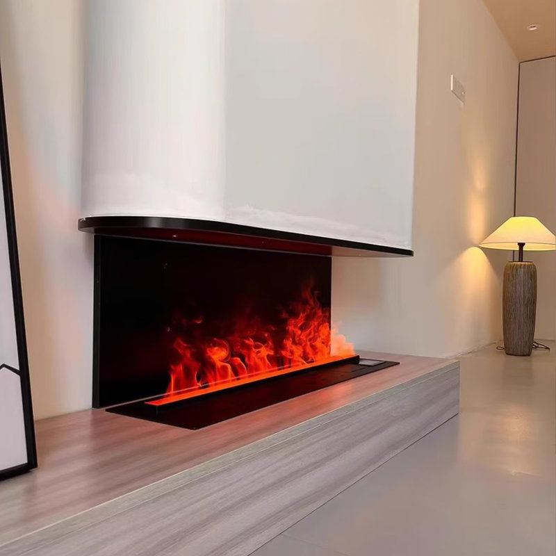 Armoire de foyer intelligente intégrée moderne en métal noir avec lumière simulée, L 118,11 po
