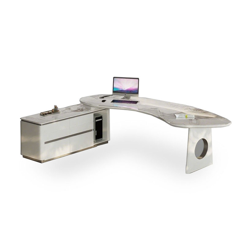 Bureau rectangulaire gris en pierre + bois massif + acier inoxydable avec 4 tiroirs