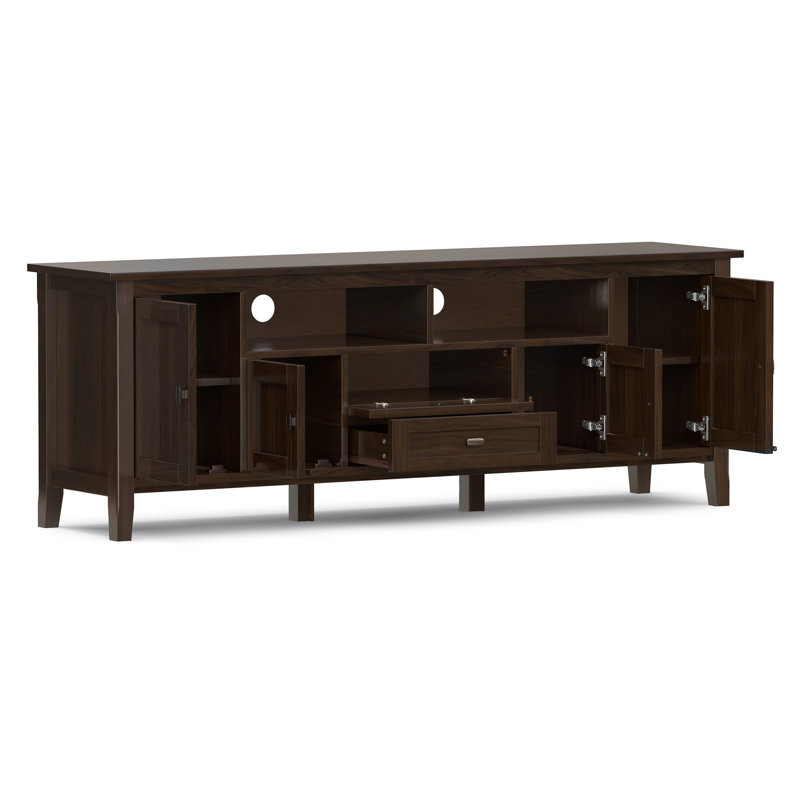 Warm Shaker 72"W Solid Wood Transitional TV Stand for TVs up to 80" with 4 Cabinets, 1 Drawer, and Flip-Down Compartment