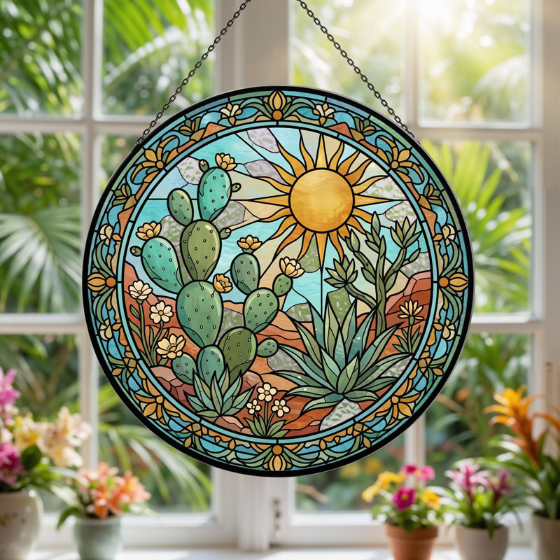 Desert Sunlight Stained Glass Window Panel，7.8H, 7.8"H