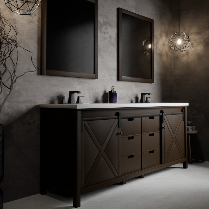 Ensemble de meuble-lavabo double avec robinet l 80 po x P 22 po Marsyas, Brun, Quartz blanc