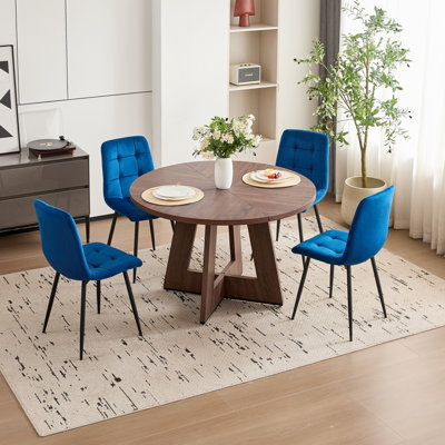 5 Piece 47'' Round Dining Table Set for 4, Farmhouse Kitchen Table with 4 Velvet/Corduroy Modern Dinning Room Chairs for Home, Apartment