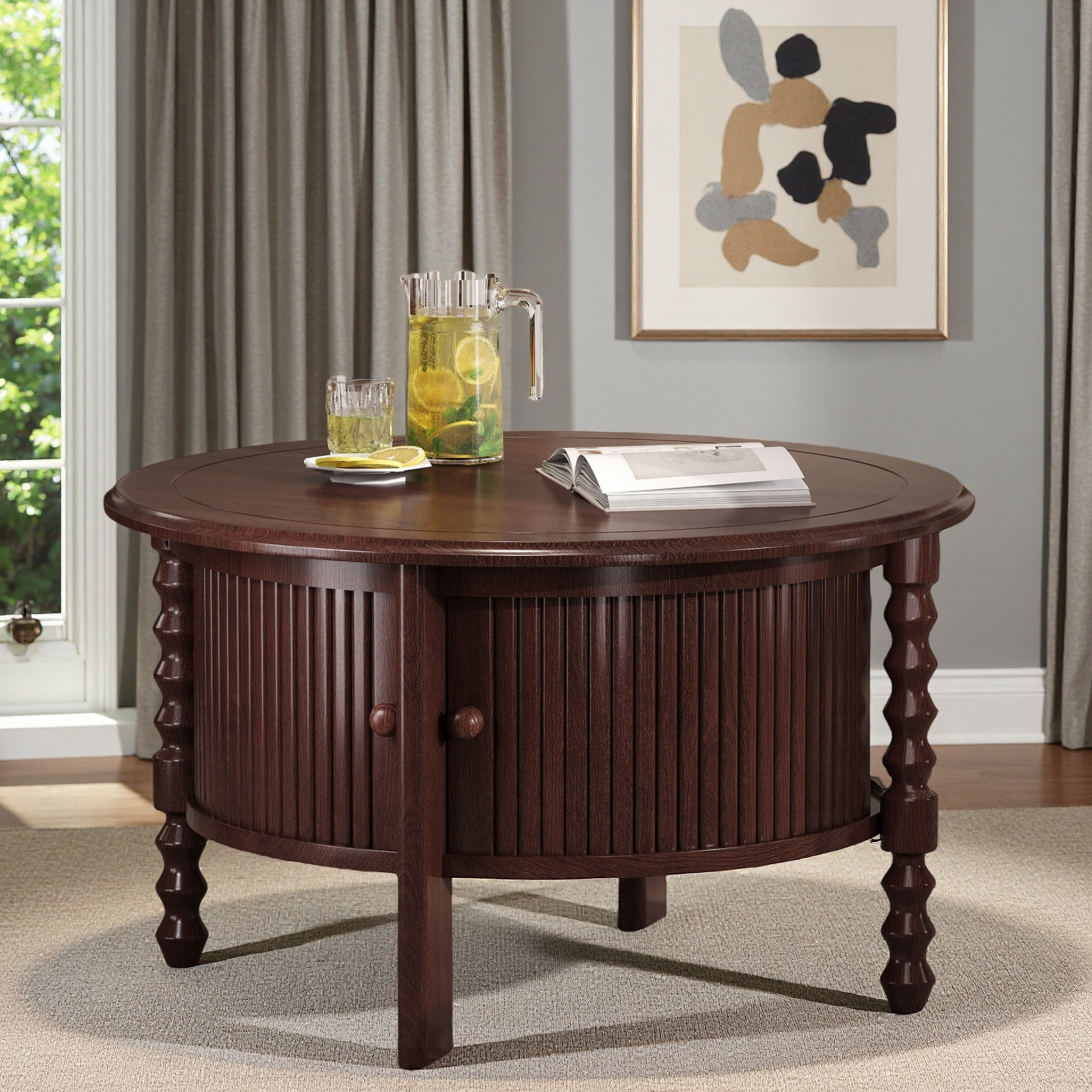 Vynxaria Mid Century Vintage Round Beige Faux Stone MgO Coffee Table No ... - Retro Round Coffee Table Apartment Decor