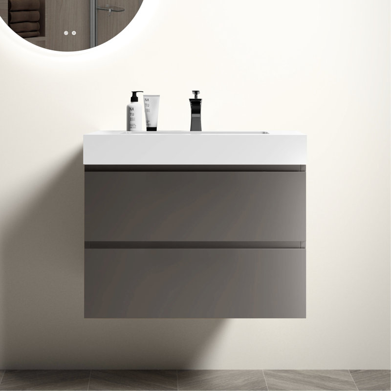 30" Bathroom Vanity, Gray: Modern Style With Silent And Generous Storage Capacity Gray Wall Mounted Vanity: Large Drawer Space
