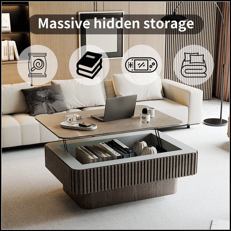 Table basse relevable cannelée de 98 cm (38,6 po) avec rangement et hauteur réglable, idéale pour les espaces de vie modernes et offrant une fonctionnalité accrue.