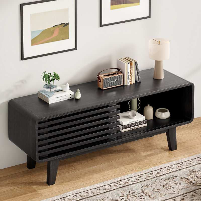 Meuble télé moderne pour téléviseur de 50 po ou moins avec porte coulissante mobile, Noir