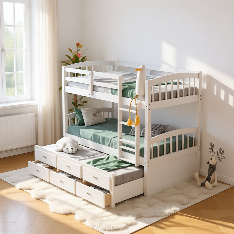 Katylyn Twin Over Twin Wood Bunk Bed With Trundle And Drawers, White