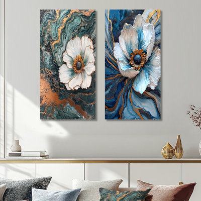Emerald Serenade of Anemone Flowers – Green Nature Metal Wall Art Set of 2 Prints