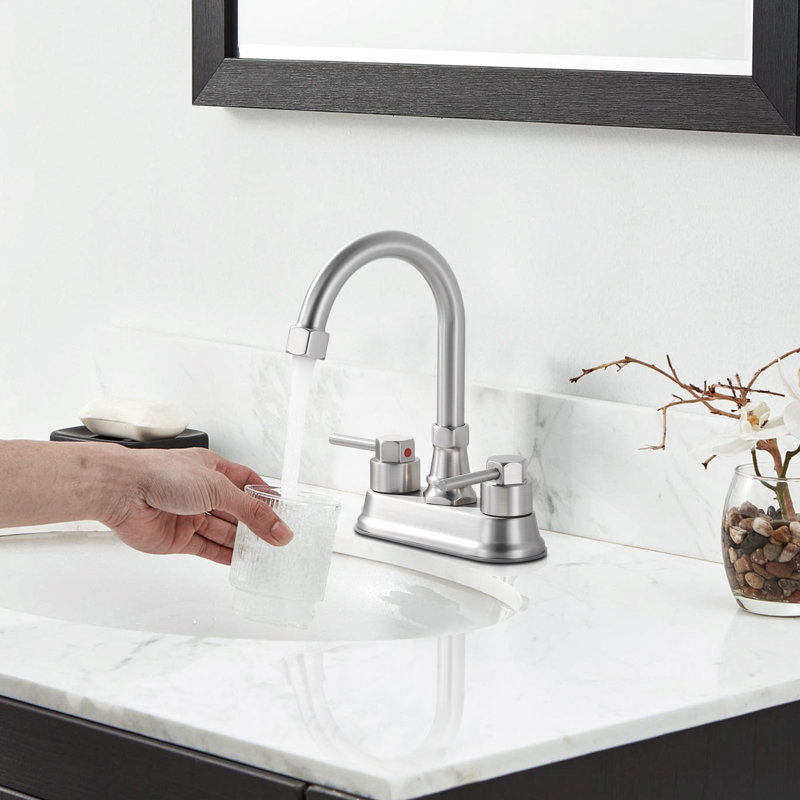 4 In. Centerset Double Handle High Arc Bathroom Faucet With Drain Kit And Water Inlet Pipes Included In Brushed Nickel
