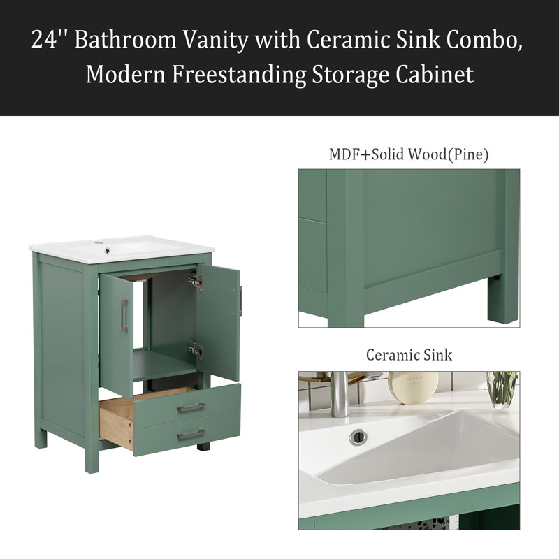 Meuble-lavabo 24 po avec lavabo en céramique, armoire de rangement autoportante moderne avec poignées argentées, portes à fermeture douce