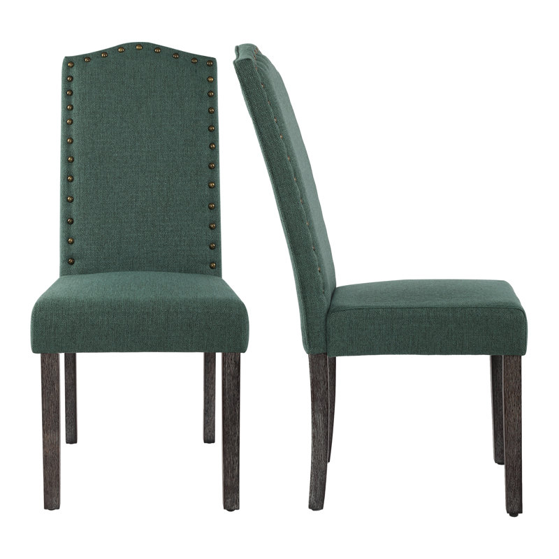 High Back Upholstered Dining Chairs With Nailhead Trim, Green Fabric