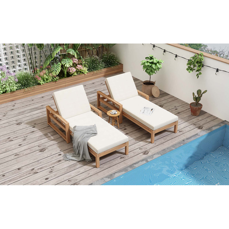Outdoor 5-Position Chaise Lounge With Cushion & Adjustable Backrest For Backyard, Pool, Deck, And Lawn, Light Teak