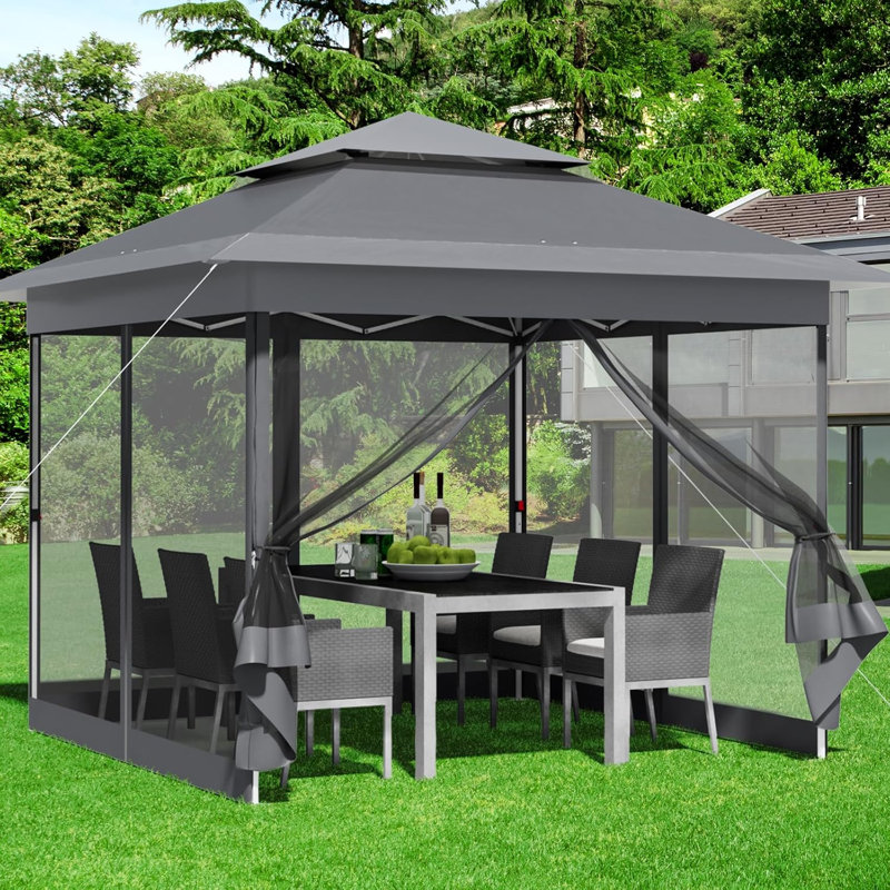 3.3x3.3m New One-Click Top Eave Folding Tent with Mesh Netting, Waterproof Tape, Wheels, and Sandbags - Gray