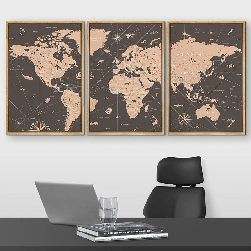 World Map " Sepia World Map Global Country " 3 - Pieces, 36" H x 72" W, Floater Framed Print, Brown