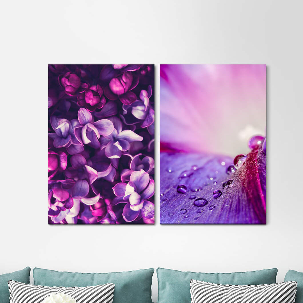 2-tlg. Leinwandbilder-Set - Fotografie „Orchids Raindrops Blossom Colourful Violet Summer”