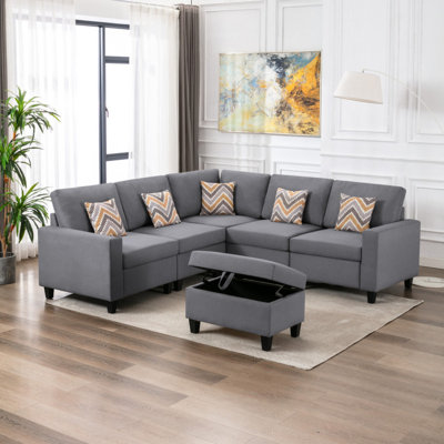 Modern Sofa 95.5" Linen Fabric 6Pc Reversible Sectional Sofa With Pillows, Storage Ottoman, And Interchangeable Legs