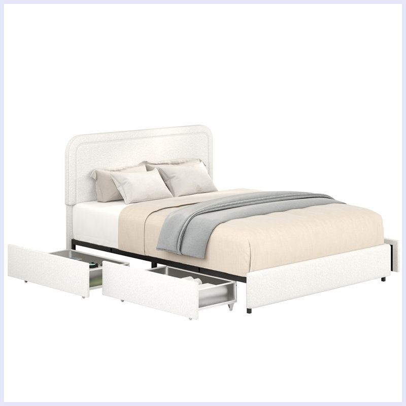 Lit de rangement Lantin Boucle avec 4 tiroirs en instance de brevet - capacité de 1000 lb, structure de lit tapissier, tête de lit anti-poussière et système de fermeture silencieuse