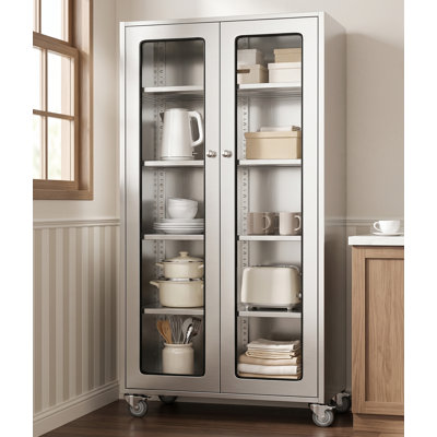 Armoire de rangement commerciale en acier inoxydable de 65 pouces, entièrement assemblée avec portes en verre trempé, étagères réglables et roulettes verrouillables.