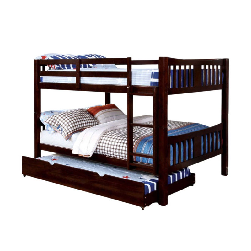 Lit superposé au-dessus de style transitionnel avec échelle attachée, structure en bois massif, rails et lit gigogne pour un espace de couchage supplémentaire