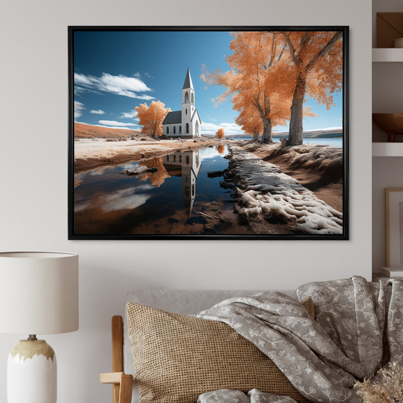 «Landscape Church Sacred Reflections I», reproduction d'art sur toile, Cadre flottant noir, H 16 po x l 32 po x P 1 po