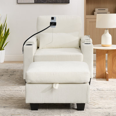 Canapé inclinable simple avec dossier réglable manuellement, port de charge USB sur le côté de l'accoudoir, support pour téléphone inclus, rangement des accoudoirs dissimulé et repose-pieds de rangement assorti - beige