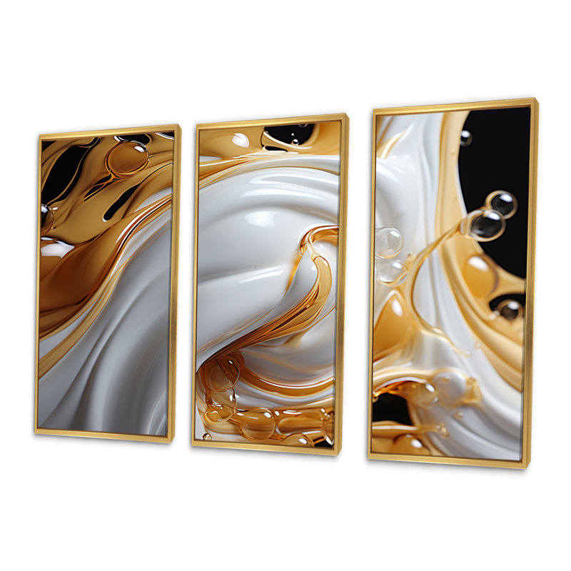 «Flowing Golden Sunshine II» - ensemble d'impressions murales abstraites à encre liquide, Cadre flottant doré